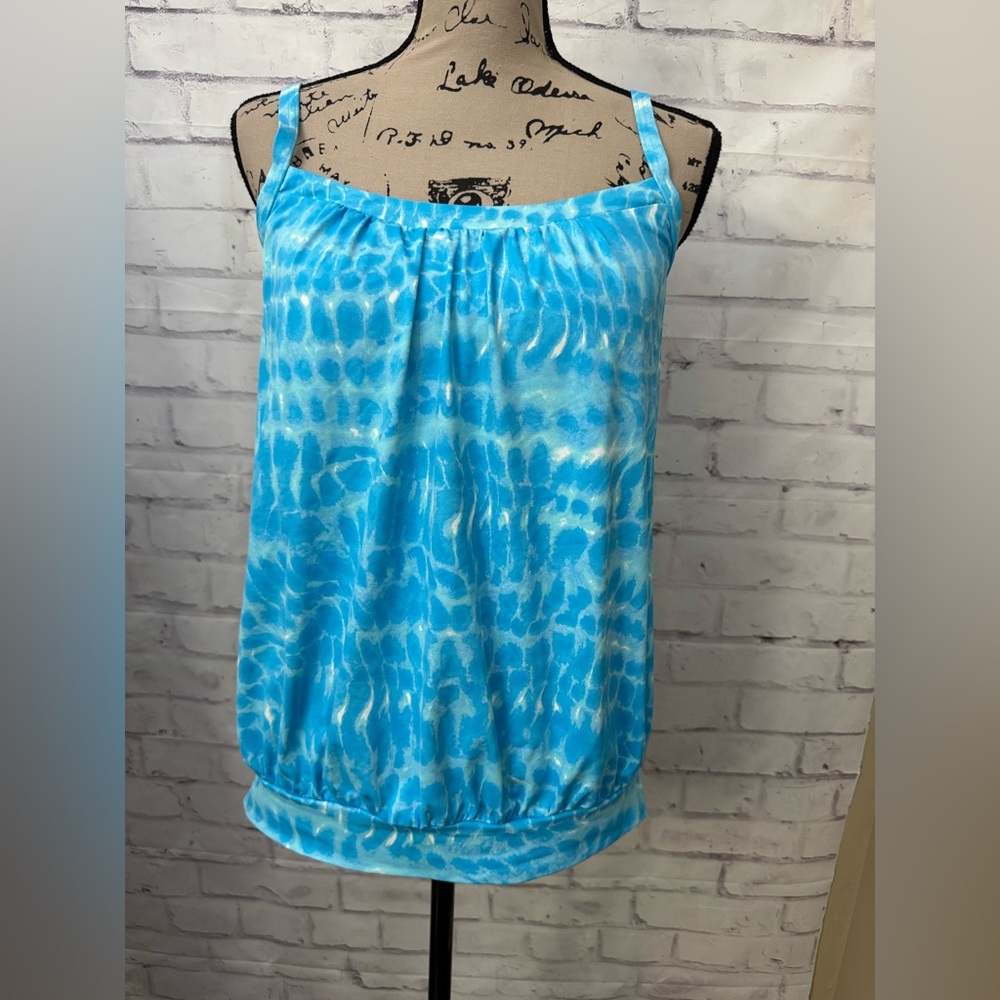 Lands’ End Modest Blouse Style Tank Tankini Swimsuit Top Size 10 Blue Tie Dye